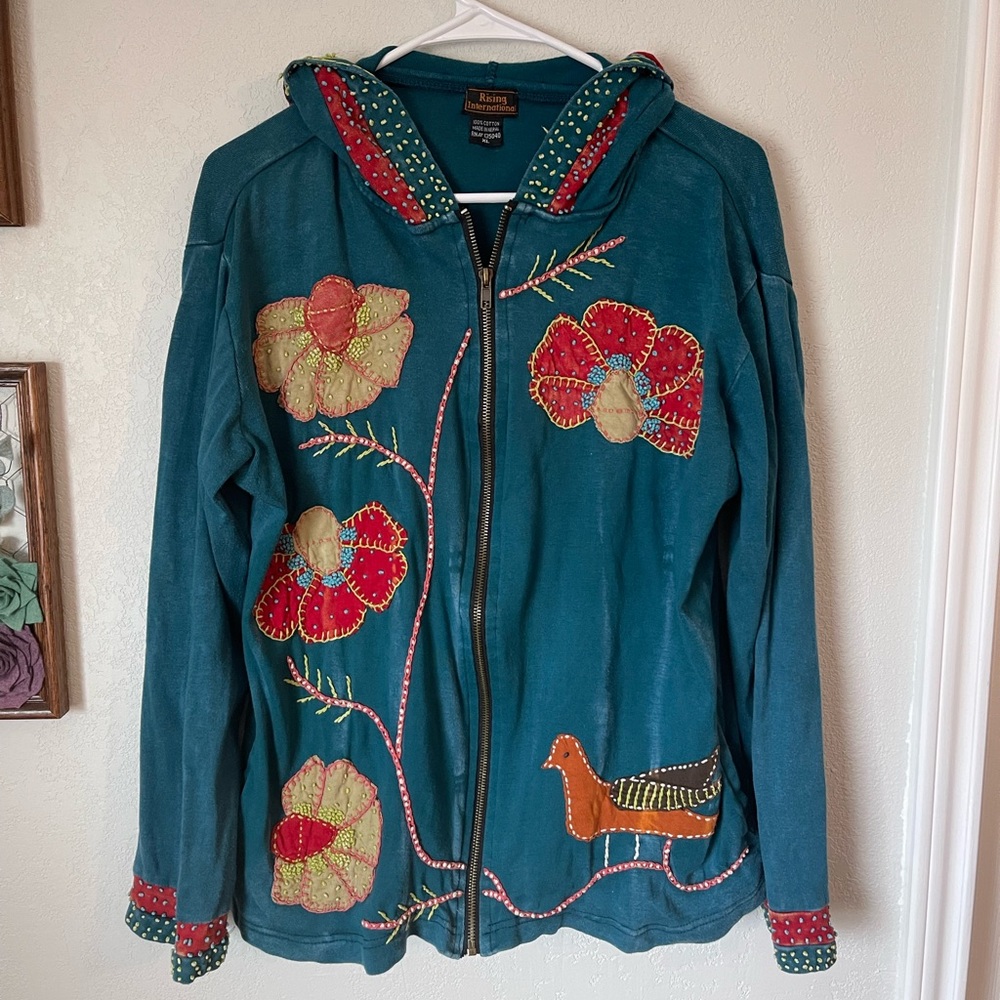 RISING INTERNATIONAL Turquoise HIPPIE Embroidered BOHO Birdie STRETCH Zip JACKET